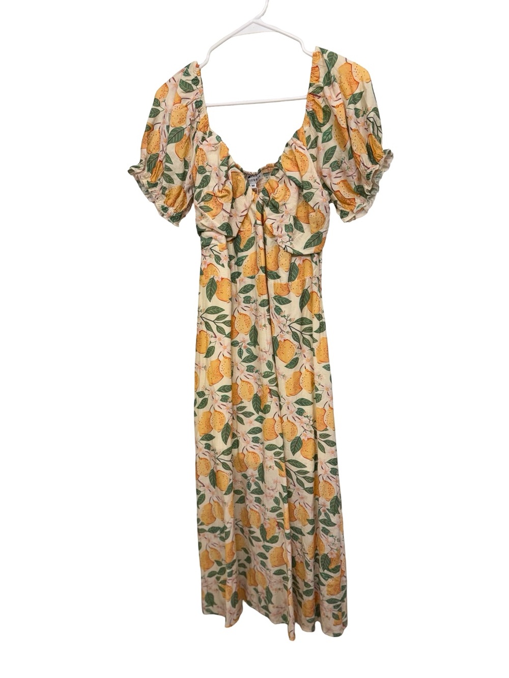 Baltic Born Yellow Lemon Print Midi Dress with Puff Sleeves